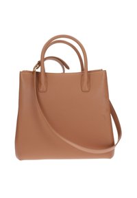 Borsa a tracolla in pelle color tan con doppi manici superiori, tracolla regolabile e chiusura con zip. Texture liscia senza pattern o dettagli visibili.