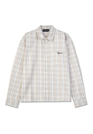 Knopen blouse in beige ruitpatroon, met een borstzak met geborduurd logo, lange mouwen en een standaardkraag. Lichte stoftextuur.
