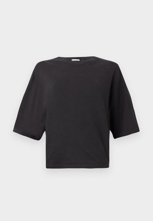 Black cropped t-shirt made of cotton, featuring a round neckline and short sleeves with a relaxed fit. Smooth texture, no patterns or accents.