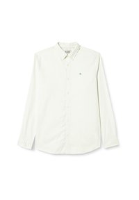 Lange mouwen knoopshirt van off-white stof, met een groen logo op de borst, klassieke kraag en knoopsluiting aan de voorkant.