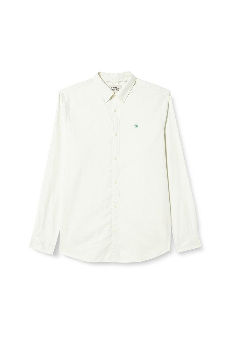 Lange mouwen knoopshirt van off-white stof, met een groen logo op de borst, klassieke kraag en knoopsluiting aan de voorkant.