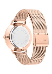 Rosegold Edelstahl-Uhr mit einem Mesh-Armband. Runde Gehäuse. Glatter Gehäuseboden. Verstellbare Schließe. Klarer Lünette. Wasserfest bis 3 ATM.