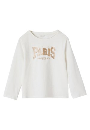 White long-sleeve shirt with round neckline and gold glitter text "Paris Romantic City Happy Moments Est. 2014" on front.