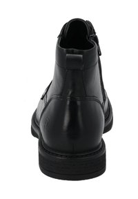 Botas de tobillo de cuero negro con una textura suave, cremallera lateral y suela de goma plana. Cuenta con una lengüeta en la parte posterior para ponerlas y quitarlas fácilmente.