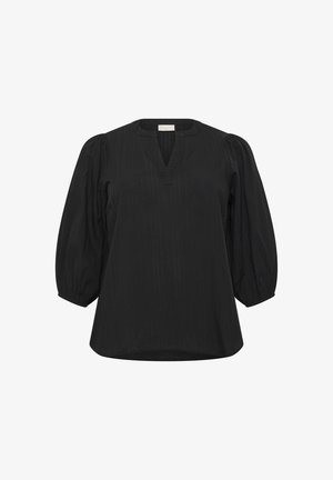 Fekete felső V-nyakkal, puffos ujjakkal és texturált függőleges csíkokkal. Könnyű anyagból készült, laza szabású és ívelt aljú.