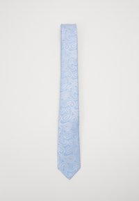Light blue tie featuring a paisley pattern. The fabric has a smooth texture with intricate detailing in a slightly darker shade.