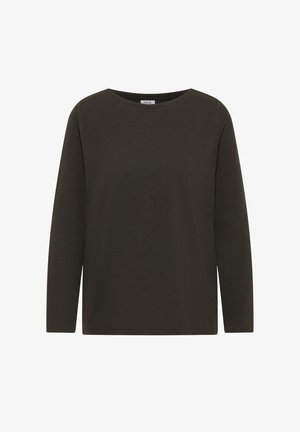 Maglietta a maniche lunghe verde scuro con scollo a barca e vestibilità rilassata, realizzata in un tessuto morbido, leggero e dalla texture liscia.