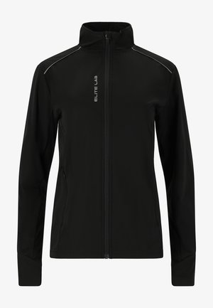 Zwarte sportjack met hoge kraag, volledige rits, reflecterende accenten en mesh zijpanelen voor ademend vermogen.