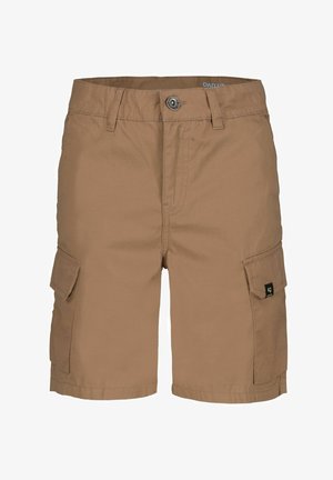 Tan Cargo-Shorts aus leichtem Stoff, mit Reißverschluss, Knopfverschluss und Seiten Taschen mit Klappe und Klettverschluss.