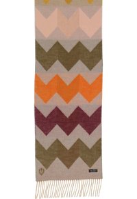 Sciarpa di lana con un motivo a zigzag nelle tonalità di rosa, arancio, verde e bordeaux, con dettagli di frange nella parte inferiore.