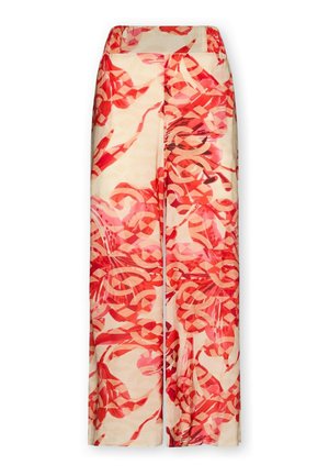 Beige wijde broek met abstracte rode en roze swirl- en lintpatronen, voorkant met plooi en een gladde tailleband.