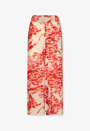 Bredbenede beige bukser med abstrakte røde og pink swirl- og båndmønstre, frontfolddetalje og en glat talje.