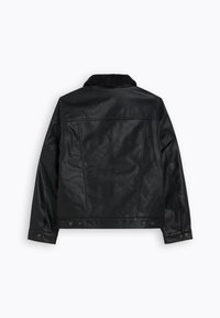 Μαύρο δερμάτινο μπουφάν με υφή, που διαθέτει μαύρο γούνινο γιακά, κλείσιμο με κουμπιά και εμφανείς ραφές στην πλάτη.