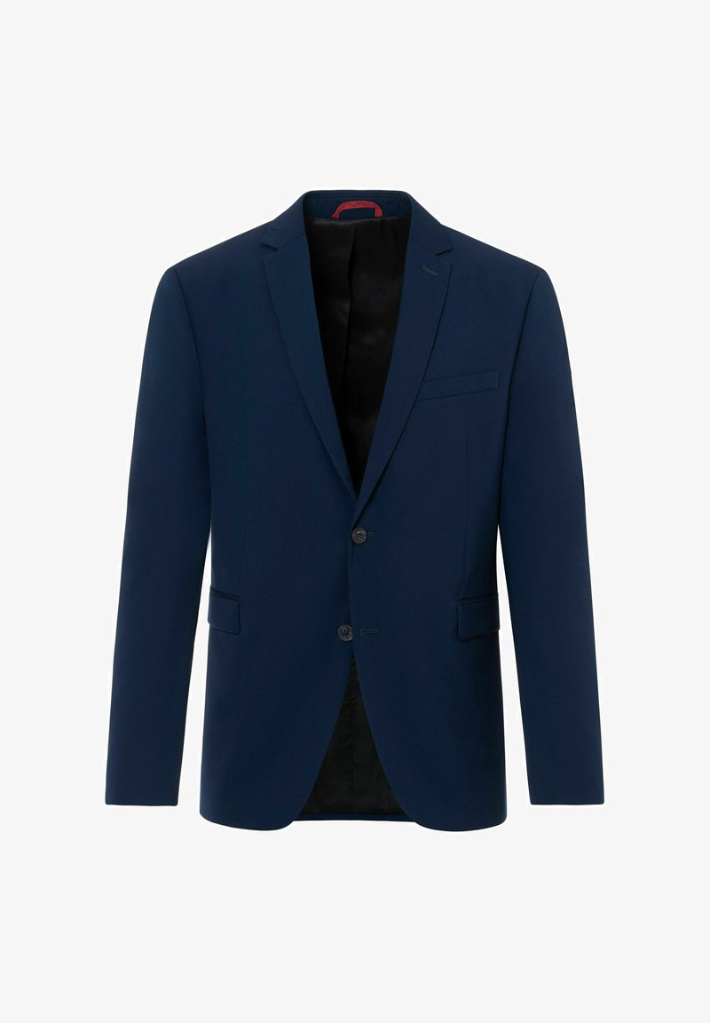 Blazer bleu marine en tissu lisse. Il est doté de deux boutons, de revers crantés et d'une poche poitrine simple. Intérieur doublé de noir.