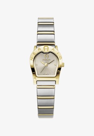 Orologio in acciaio inossidabile con tono oro e argento, con cassa rotonda, quadrante grigio e bold lettering "AIGNER"; presenta un design minimale e due lancette.
