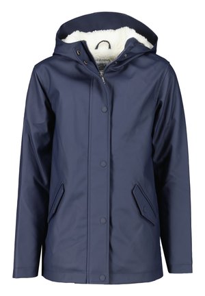 Imperméable bleu marine à capuche avec fermeture éclair et boutons-pression sur le devant, deux poches avant et doublure en polaire blanche à l'intérieur de la capuche et du col.