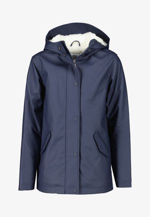Imperméable bleu marine à capuche avec fermeture éclair et boutons-pression sur le devant, deux poches avant et doublure en polaire blanche à l'intérieur de la capuche et du col.