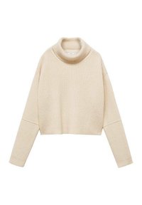 Maglione corto beige con una trama a costine, maniche ampie e un design a collo alto. Realizzato in un morbido materiale a maglia. Senza motivi o accenti visibili.