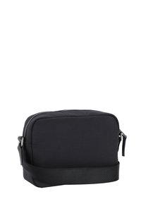Borsa rettangolare nera realizzata in tessuto resistente, caratterizzata da una texture liscia, chiusura superiore con zip e tracolla regolabile.