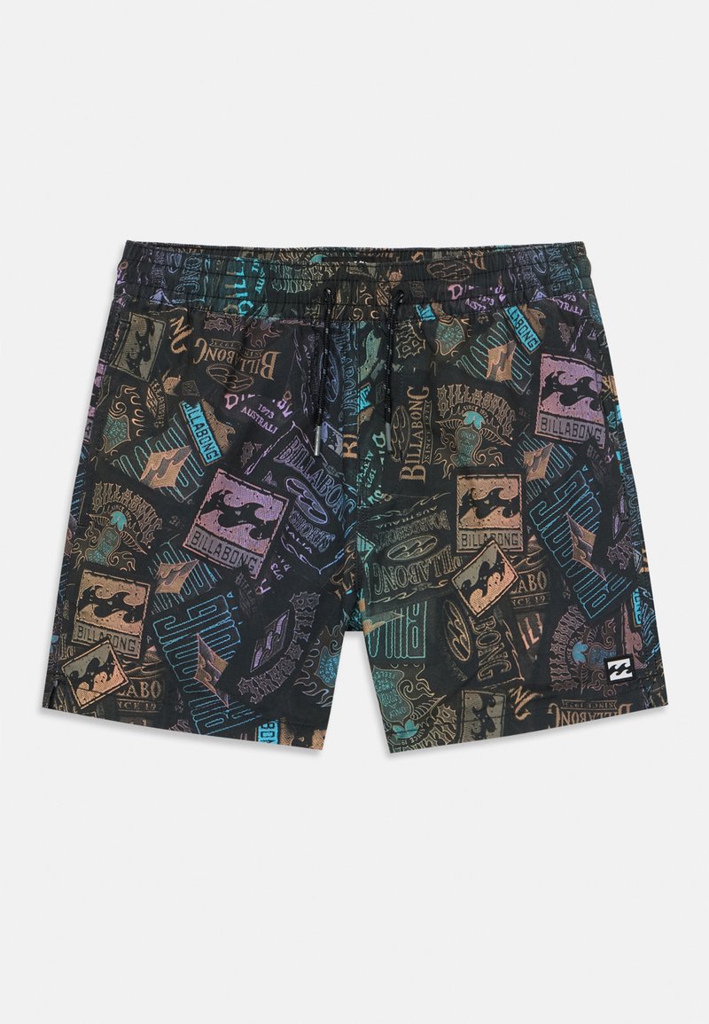 Melni peldēšanas šorti ar krāsainu, viscaur grafisku rakstu, kas satur dažādas logo un dizainus. Elastīga josta ar regulējamu auklu.