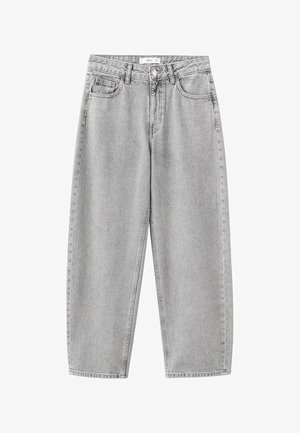 Šedé džínsové nohavice s širokými nohavicami a vysokým pásom, ktoré majú päť vreciek, zapínanie na gombík vpredu a čistý, minimalistický dizajn.