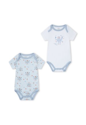 Dos bodys de bebé de manga corta con ribete azul; uno blanco con un gráfico de pulpo, el otro azul claro con un patrón de pulpos y peces por todas partes.