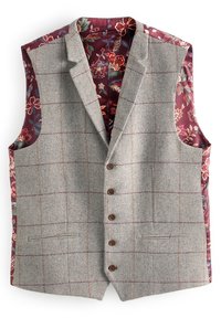 Szara kamizelka w kratę w jodełkę z bordową kwiatową podszewką, z pięcioma brązowymi guzikami i dwoma bocznymi kieszeniami, bez rękawów.