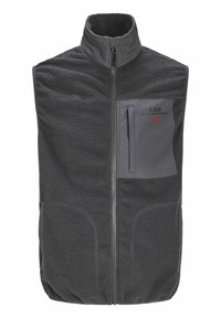 Fleece vest in donkergrijs, hoge kraag, voorrits, één borstzak met logo-detail, gestructureerde stof met soepele nylon accenten.