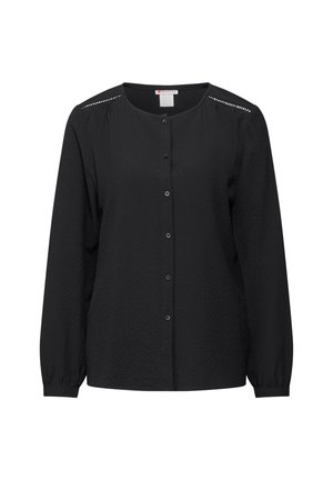 Zwarte button-up shirt met lange mouwen, gestructureerde stof, ronde halslijn en kleine decoratieve uitsparingen bij de schoudernaden.