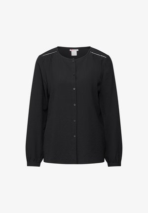 Chemise noire à boutons avec manches longues, tissu texturé, encolure ronde et petites découpes décoratives aux coutures des épaules.