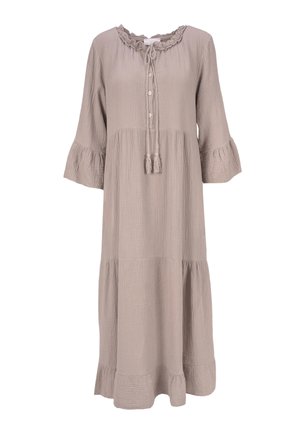 Robe midi taupe à manches longues avec encolure à volants, devant boutonné, liens à pompons, manches évasées et ourlet à volants superposés en tissu texturé.