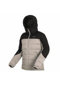 Veste d'hiver matelassée bicolore beige et noire avec capuche, fermeture éclair devant, poignets élastiques et poches latérales, présentée sur fond blanc.