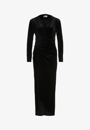 Lang zwart fluwelen jurk met wikkelontwerp, diepe V-hals en lange mouwen. Heeft een geraffineerde detail bij de taille en een zijsplit.