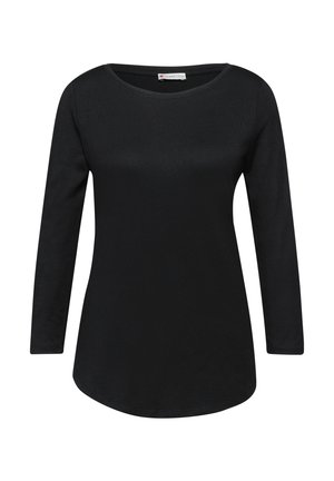 Schwarzes Langarmshirt aus weichem Stoff, mit Rundhalsausschnitt, lockerem Schnitt und leicht abgerundetem Saum.