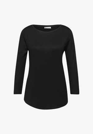 T-shirt noir à manches longues en tissu doux, avec un col rond, une coupe décontractée et un ourlet légèrement arrondi.