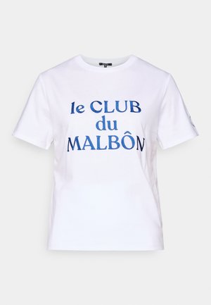 Valge puuvillane t-särk lühikeste varrukatega. Sinise tikandiga tekst "le CLUB du MALBÔN." Klassikaline ümmargune kaelus.