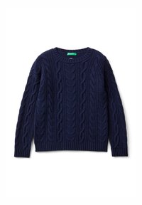 Maglione a coste blu navy con scollo rotondo, maniche lunghe e orlo a costine. Presenta motivi a treccia testurizzati in tutto il capo. Materiale morbido.