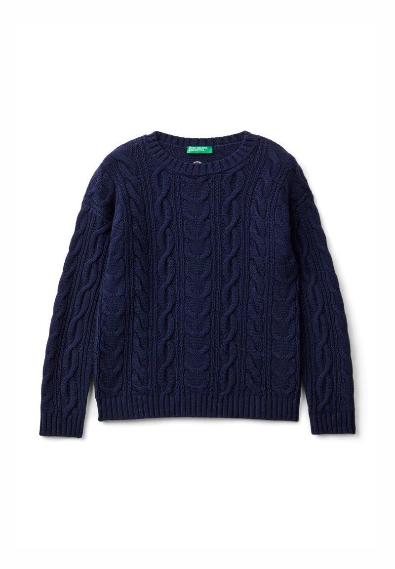 Maglione a coste blu navy con scollo rotondo, maniche lunghe e orlo a costine. Presenta motivi a treccia testurizzati in tutto il capo. Materiale morbido.
