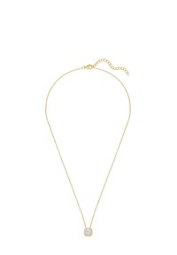 Guldkedja med ett fyrkantigt hänge som har en liten, klar sten omgiven av en texturerad ram. Justerbar längd med spänne.