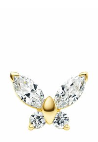 Spilla a forma di farfalla in oro con cristalli trasparenti a forma di marquise e rotondi, con superfici lisce e una finitura lucida.