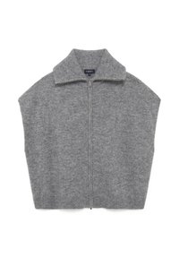 Grå ullväst med hög krage, dragkedja fram och breda armhål. Har ribbad fåll och mjukt, strukturerat tyg.