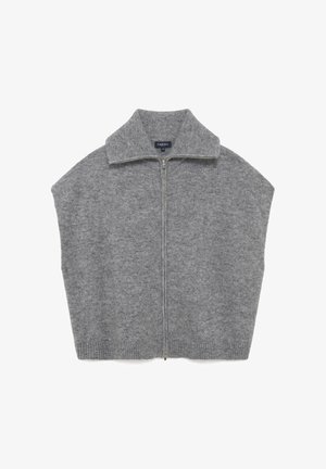 Grau gestrickte Weste mit einem hohen Kragen, Reißverschluss vorne und weiten Armlöchern. Verfügt über einen gerippten Saum und einen weichen, strukturierten Stoff.