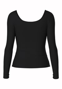 Svart ribbad långärmad topp med rundad halsringning, figursydd passform och tajta ärmar. Slät tyg med lätt struktur.