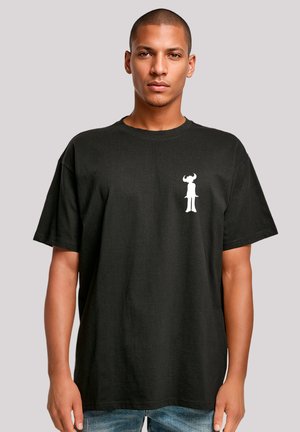 Schwarzes Baumwoll-T-Shirt mit einem weißen Grafikdesign auf der linken Brust. Lockere Passform mit kurzen Ärmeln und Rundhalsausschnitt.