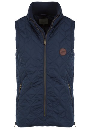 Marineblå quiltet vest med høj krave, der har frontlynlås og to sidelommer. Inkluderer et brunt logo-patch på venstre brystområde.