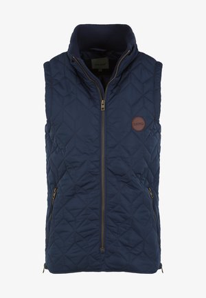 Tamsiai mėlynas siuvinėtas liemenė su aukštu apykakle, turinti priekinį užtrauktuką ir dvi šonines kišenes. Kairėje krūtinės pusėje yra ruda logotipo etikete.