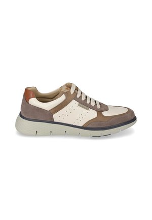 Sneaker casual da uomo beige, marrone e tan con pannelli in suede, perforazioni laterali, lacci bianchi e suola spessa e testurizzata.