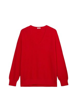 Czerwony sweter z dzianiny z dekoltem w kształcie V, długimi rękawami, ściągaczami na mankietach i luźnym krojem. Gładka faktura o równomiernym kolorze na całej powierzchni.