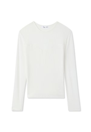 Top bianco a maniche lunghe con scollatura rotonda, texture liscia e un delicato dettaglio della cucitura anteriore. Il tessuto appare leggero e elastico.