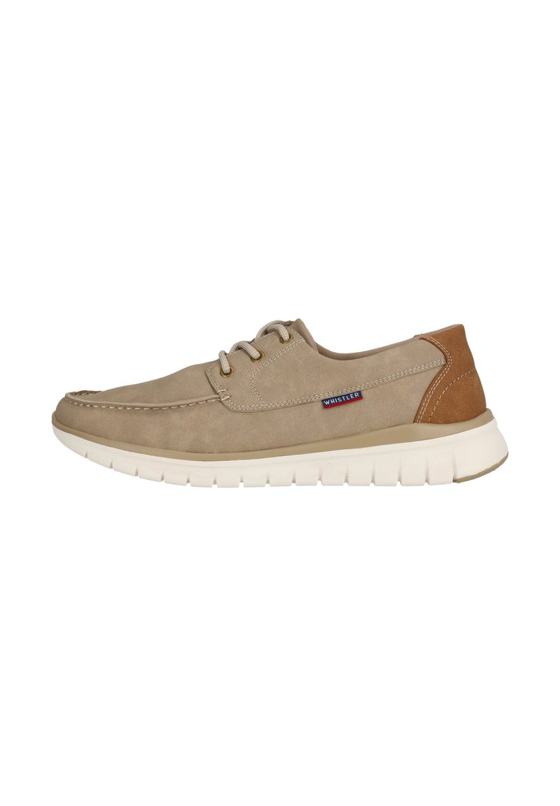 Beige-nahkakengät ruskeilla yksityiskohdilla, nauhakiinnitys, pehmustettu valkoinen pohja ja näkyvät saumat, joissa on logotunnus sivulla.